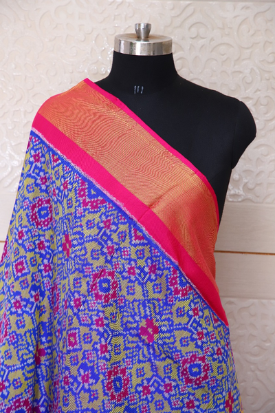 Semi double ikat dupatta in Yellow and Pink colour with traditional Navratna design