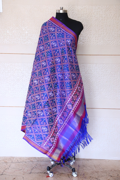 Semi double ikat dupatta in Red and Purple colour with traditional Hathi Popat design