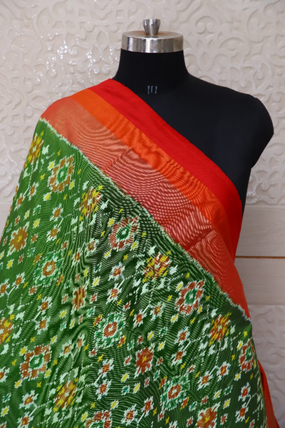 Single ikat dupatta in traditional Navratna design in Parrot Green and Red combination