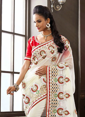 White red nice combination embroidery & patch work elegant saree - New India Fashion