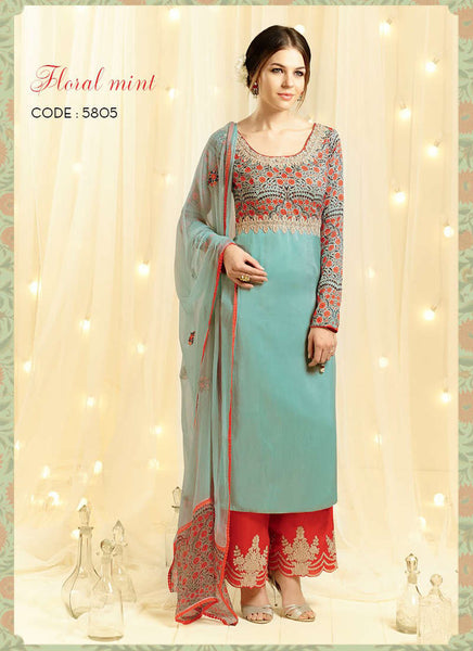 Sea green and orange salwar suit - New India Fashion