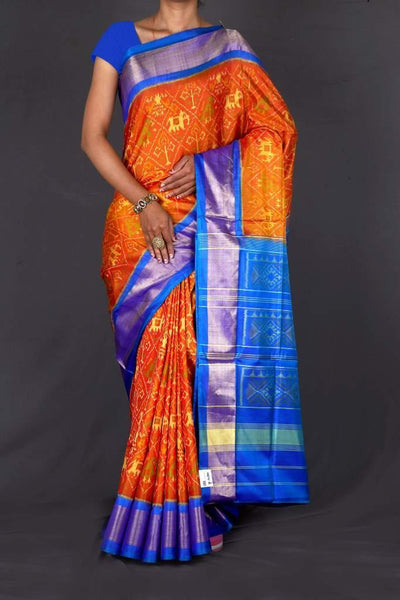 Blue and Orange Patola Saree