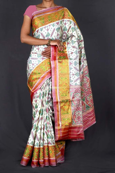 White and Baby Pink Patola Saree