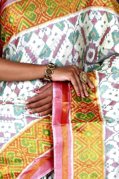 White and Baby Pink Patola Saree