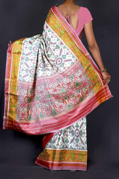 White and Baby Pink Patola Saree
