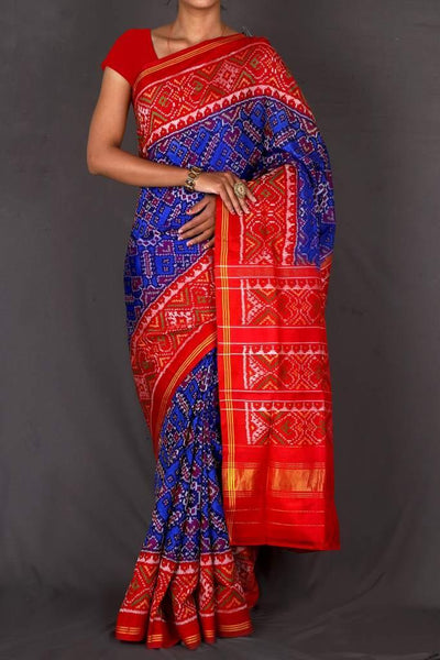 Blue and Red Single ikat Patan Patola Saree