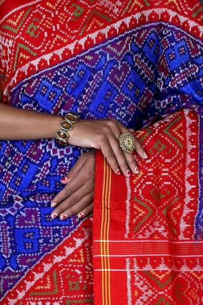 Blue and Red Single ikat Patan Patola Saree