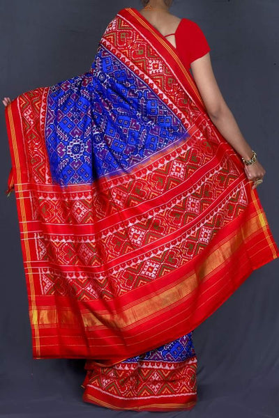 Blue and Red Single ikat Patan Patola Saree