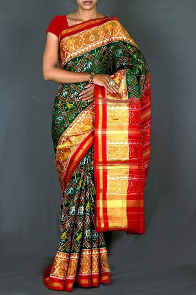 Green Red Narikunj Patola saree