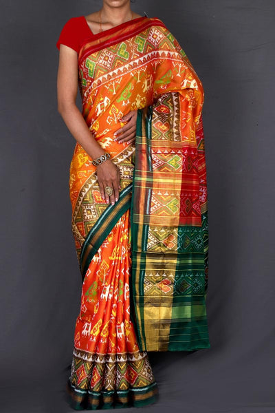 Yellow Red and Green Patola Saree