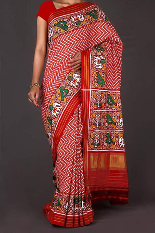 Saffron Red Laheriya Double ikat Patola Saree