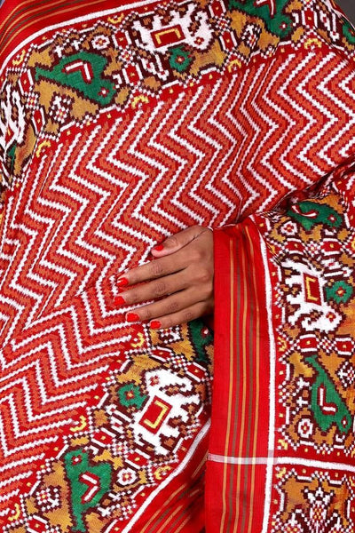Saffron Red Laheriya Double ikat Patola Saree