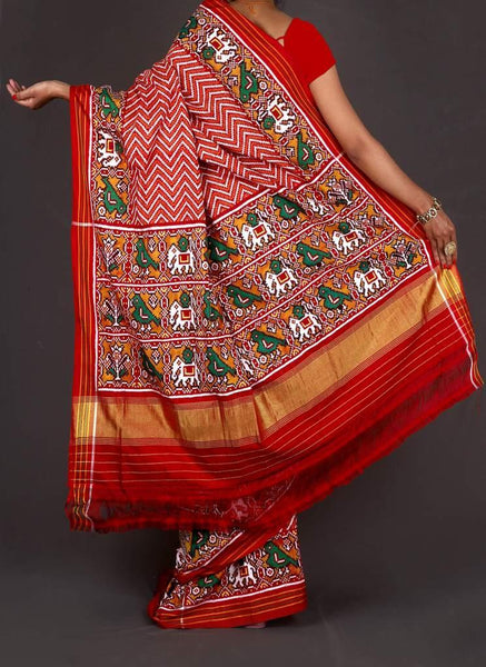 Saffron Red Laheriya Double ikat Patola Saree