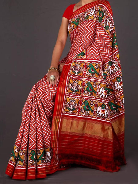 Saffron Red Laheriya Double ikat Patola Saree