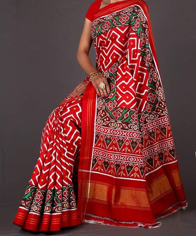 Red zig Zag Laheriya Double Ikat Patola Saree