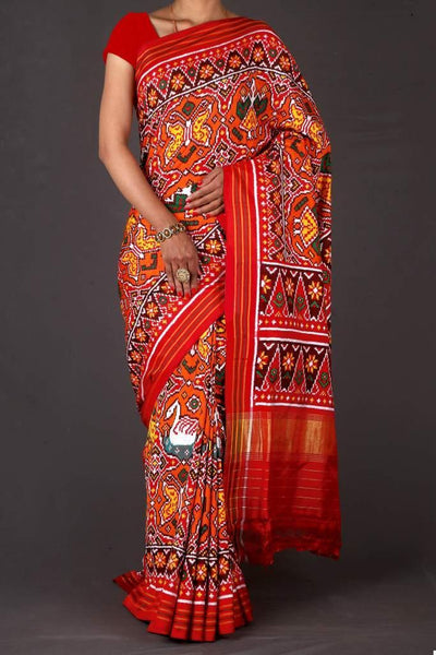 Orange chhab bhat figure Double ikat Patola Saree
