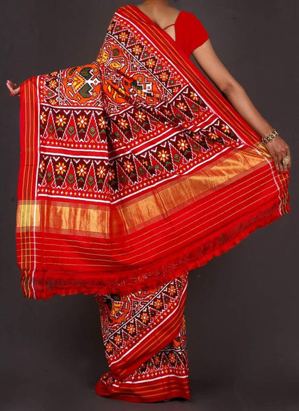 Orange chhab bhat figure Double ikat Patola Saree