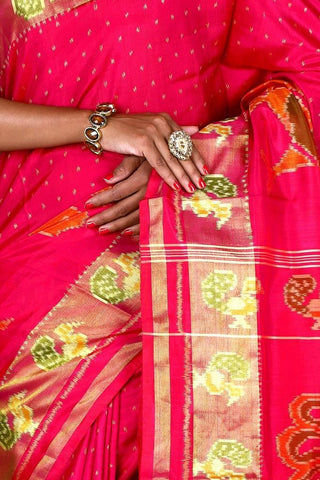 Pink peacock design scut border Patola Saree