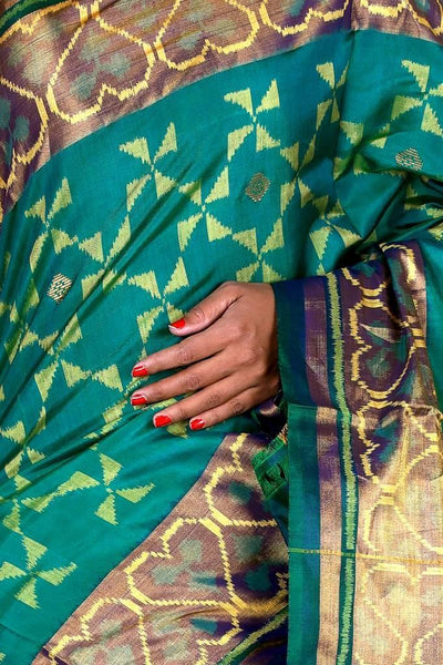 Cyan and Golden Patola Saree