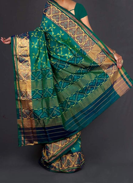 Cyan and Golden Patola Saree