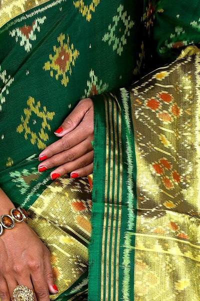 Dark Green and Golden border Patola Saree