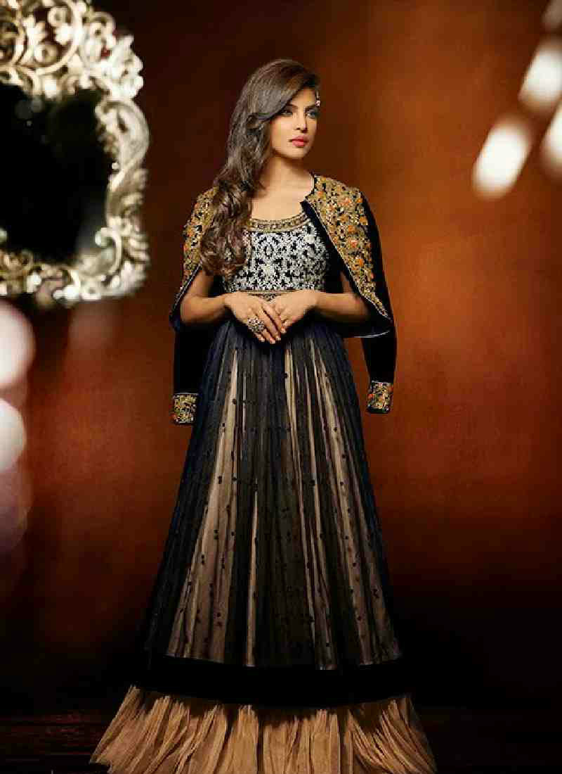 Black golden cream rich combination decent full long anarkali suit