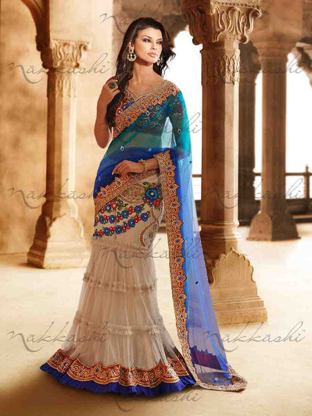 Net Royal Blue &Torque Green Shaded With Emb.  & Hand Work - New India Fashion