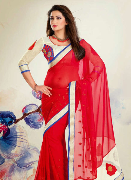 Red cream nice combination fine georgette saree - New India Fashion