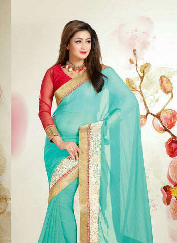 Sky red cool looked combination rich georgette saree - New India Fashion