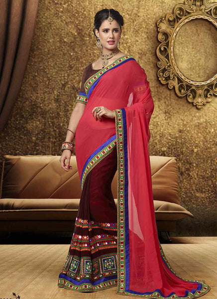 Red and coffee kutch work saree - New India Fashion