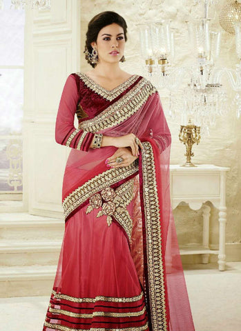 Valvet tomato golden rich combination net  material embroidery patch work decent mahotsavensemble lehenga saree - New India Fashion