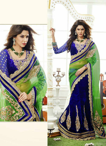 Navy pastel green nice combination net & velvet material decent mahotsavensemble lehenga saree - New India Fashion