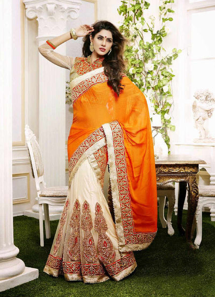 Orange cream contrast combination chiffon & net material beautiful mahotsavensemble lehenga saree - New India Fashion