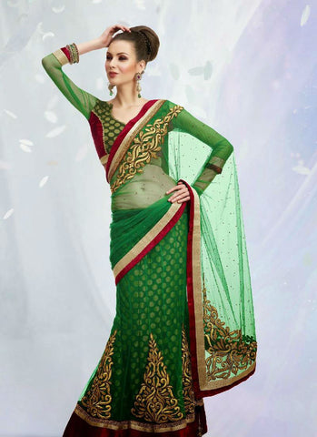 Green red nice color combination net material embroidery patch work elegant mahotsavensemble lehenga saree - New India Fashion