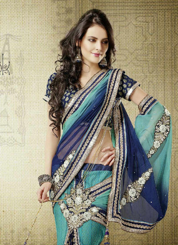 Light blue navy fine combination chiffon material embroidery work decent mahotsavensemble lehenga saree - New India Fashion