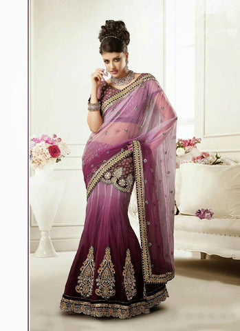 Pink shaded nice contrast color combination net material embroidery & patch work elegant mahotsavensemble lehenga saree - New India Fashion