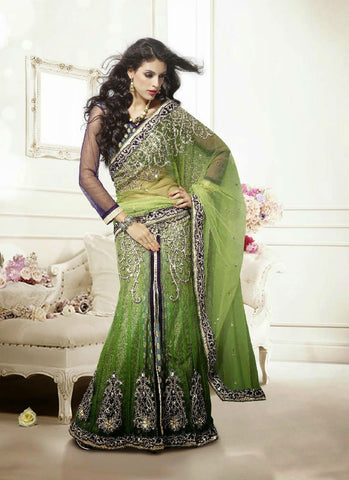 Pastel green blue color in fine combination resam & patch work net lehenga lehenga saree - New India Fashion