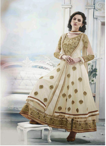 Cream floral length anarakali with separate koti slwar suit - New India Fashion