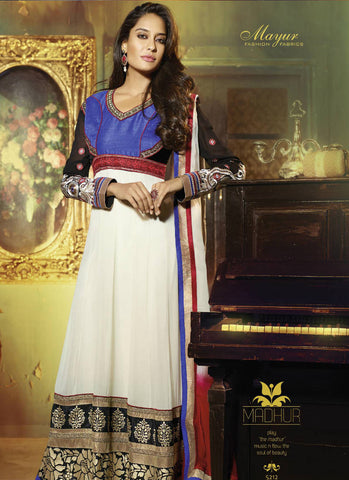 White blue black rich combination designer anarkali suit - New India Fashion