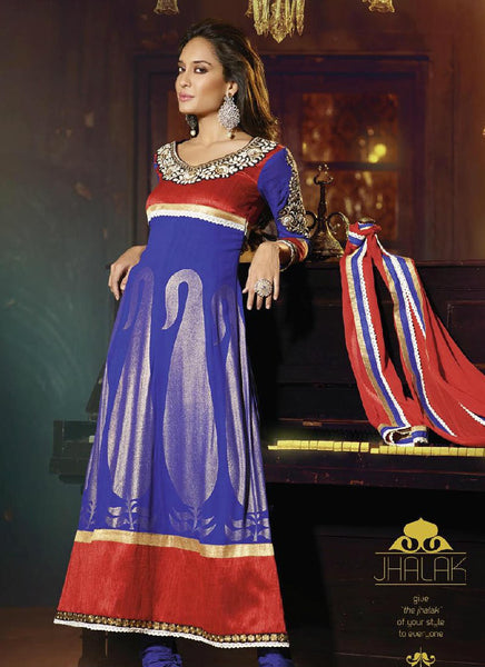 Blue red fine combination elegant partyware anarkali suit - New India Fashion