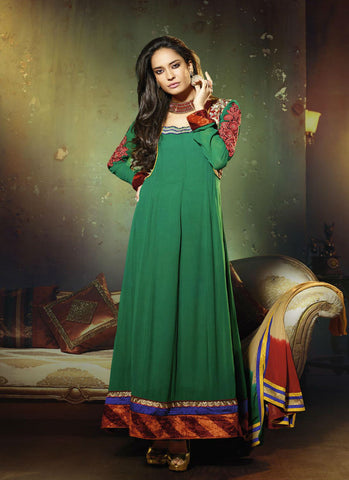 Bottle green red nice combination decent anarkali suit - New India Fashion