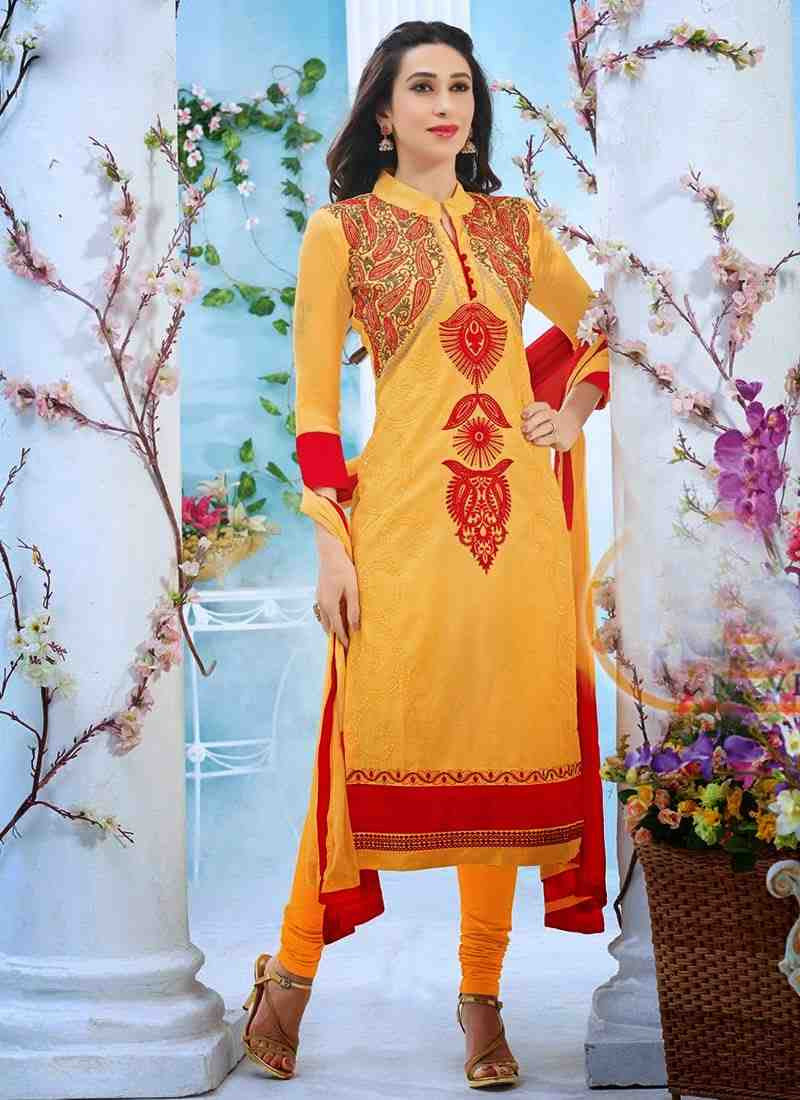 Kutchi work Salwar suit fabric - Yellow Red – Phulari