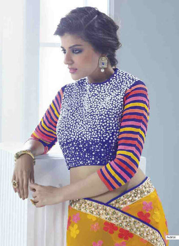 Yellow blue  tomaro red elegant combination designer heavy saree - New India Fashion