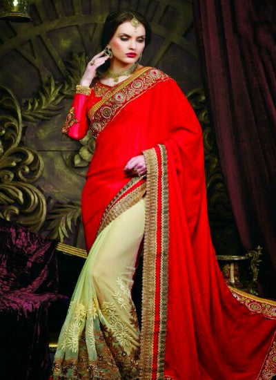 Red and cream bridal saree - New India Fashion