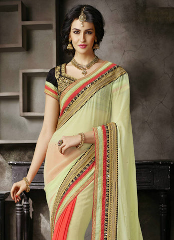 Pista orange decent chiffon saree - New India Fashion