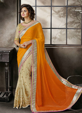 Orange and cream decent saree - New India Fashion