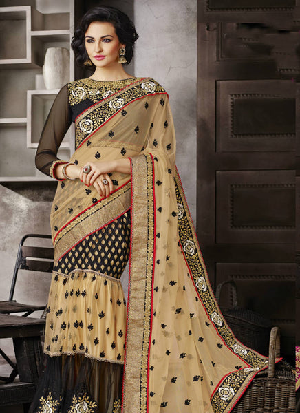 Cream black decent lehenga saree - New India Fashion