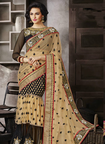 Cream black decent lehenga saree - New India Fashion