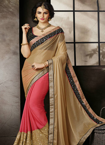 Cream pink decent designer saree - New India Fashion