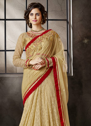 Golden red decent designer lehenga saree - New India Fashion